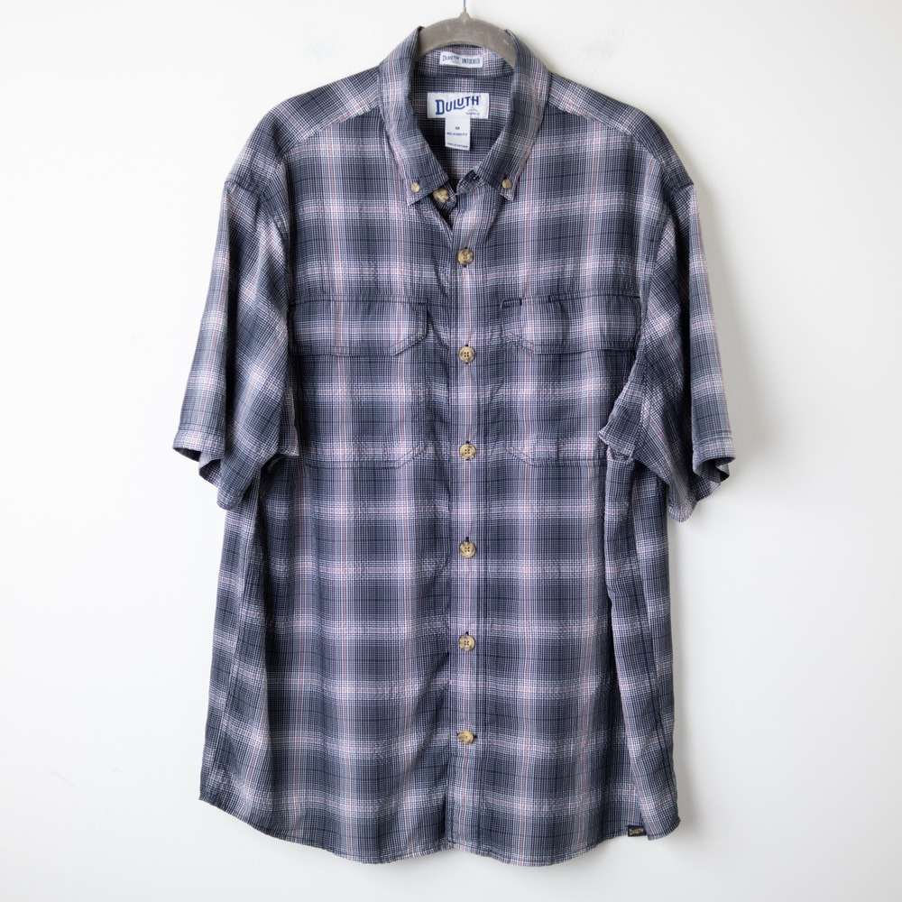 Duluth Trading Plaid Relaxed Untucked Shirt Mens M Black Short Sleeve Button